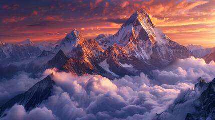 A high mountain pass at sunrise, the peaks illuminated by the first light of day, a carpet of clouds below, the scene imbued with a sense of accomplishment and the beauty of high altitudes. - obrazy, fototapety, plakaty