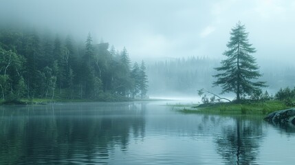   A lake with trees surrounding it on a foggy day, featuring several trees in the foreground and water in both the background and foreground