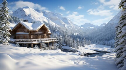 Cozy mountain chalet with snow-covered balcony overlooking a scenic alpine valley - obrazy, fototapety, plakaty