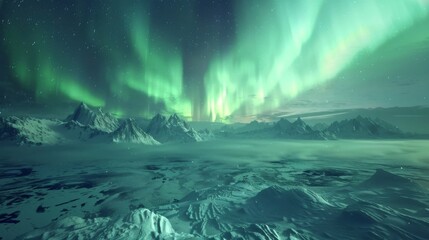 Animated 3D Northern Lights over an icy landscape.