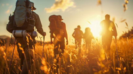 Silhouettes of hikers with backpacks walking through a field at sunset - obrazy, fototapety, plakaty