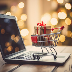 A small supermarket cart on the laptop symbolizes online product sales Online shopping and e-commerce concept.
