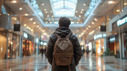 Rear view of a person with a backpack standing in a bright modern shopping mall