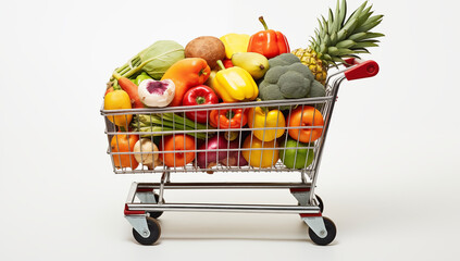 Vegetables and fruits in a filled supermarket trolley isolated on transparent background, healthy food concept