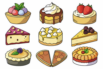 Different hand drawn cartoon Cheesecake. white background