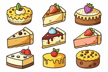 Different hand drawn cartoon Cheesecake. white background