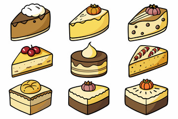 Different hand drawn cartoon Cheesecake. white background