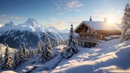 Cozy mountain chalet with snow-covered trees at sunset, offering a picturesque winter landscape. - obrazy, fototapety, plakaty