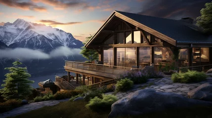 Foto op Canvas Cozy mountain chalet with snow-covered balcony overlooking a scenic alpine valley © Xfinity Stock