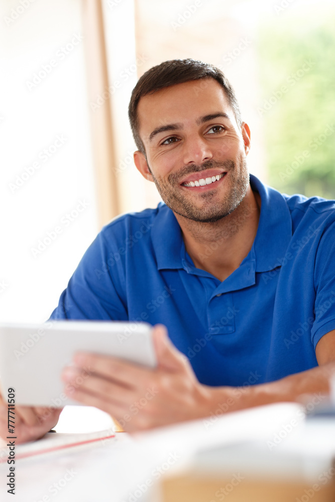 Poster tablet, freelancer and man in home office for remote job, work or planning for creative project. smi