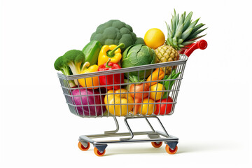A shopping cart filled with fresh healthy fruits and vegetables, fully stocked shopping cart HD transparent background PNG Stock Photographic Image