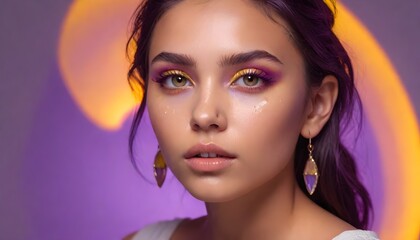 Portrait of a young Asian Female Girl with purple eyeshadow, wearing earrings, against a purple background with yellow vertical lines.