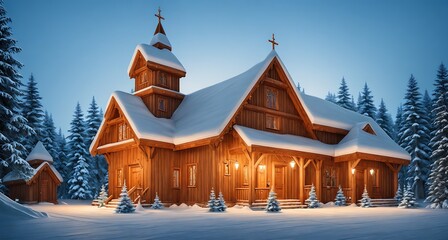 A small wooden church in the middle of a snowy forest. - obrazy, fototapety, plakaty