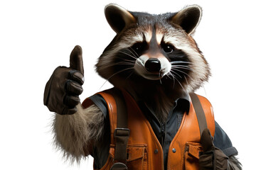 Stylish Raccoon: Leather-Clad Critter Thumbs Up!. White or PNG Transparent Background. - obrazy, fototapety, plakaty