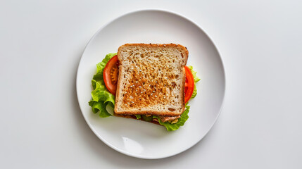 An open-faced sandwich with lettuce and tomato on a white plate viewed from above