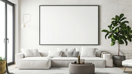 mock poster frame with modern interior living room background.