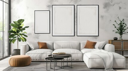 mock poster frame with modern interior living room background.