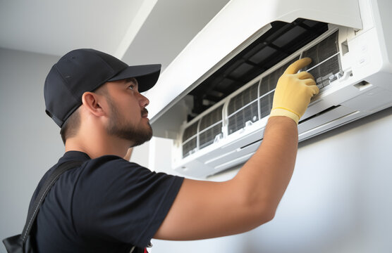 Technician changing and checking filters in domestic air conditioning split system, Indoor Air Conditioner Maintenance