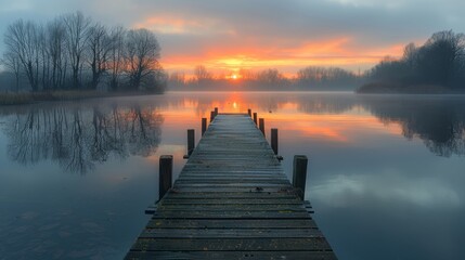   A wooden dock floating on a serene lake beneath a cloudy sky and basking in the golden light of the descending sun