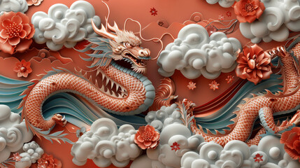 Chinese new year, year of the dragon banner template design with dragons, clouds and flowers background. Chinese translation: Dragon.