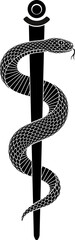 Vector tattoo design of snake entwined staff in shape of Rod of Asclepius sign. Isolated silhouette symbol of medicine and health care.