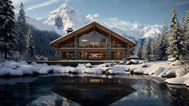A photo of a Chalet Reflecting Winter Serenity