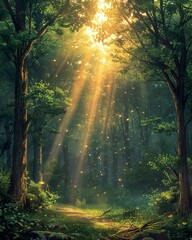 Fototapeta na wymiar Sunrays through forest canopy, light beams, woodland, nature's beauty, wallpaper, nature background 