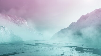 Artistic rendering of a split weather phenomenon, one side depicting a soft, pastel lavender mist, and the other a textured, pastel mint green frost, blending atmospheric conditions.
