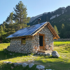 Fototapeta na wymiar Small stone hut with solar panels installed on the roof