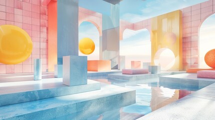 Compose a piece with floating geometric shapes in pastel shades, creating a sense of depth and movement.