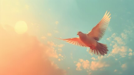 Obraz premium Conjure a background moving from sky blue to pastel orange, with a minimalist bird in flight.