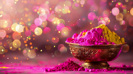 A bowl of bright colored powders used for Holi festival celebrations