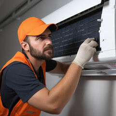 An expert HVAC worker is installing or repairing an air conditioner in a house, a quick and effective solution to cool the environment.

