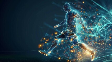 blue digital soccer player with glowing data , artificial intelligence into athlete performance analysis and training, enhancing player skills, strategy, and overall team performance.
 - obrazy, fototapety, plakaty