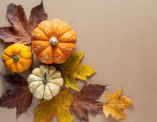 autumn banner with autumn leaves and mini pumpkins on a light brown background. Top view, flat lay with a big copy space