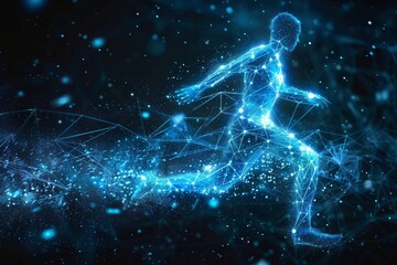 blue digital soccer player with glowing data , artificial intelligence into athlete performance analysis and training, enhancing player skills, strategy, and overall team performance.
