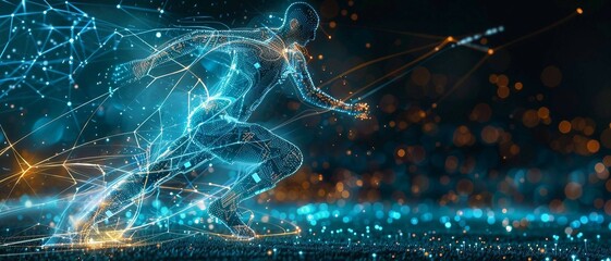 blue digital soccer player with glowing data , artificial intelligence into athlete performance analysis and training, enhancing player skills, strategy, and overall team performance.
