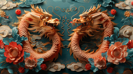Obraz premium Chinese new year, year of the dragon banner template design with dragons, clouds and flowers background. Chinese translation: Dragon.