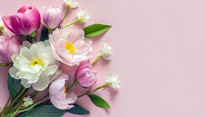 spring banner with spring flowers on a light pink background. Top view, flat lay with a big copy space