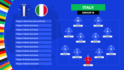 Lineup of the Italy national football team. T-shirt and flag. Football field with the formation of Italy players at the European tournament 2024. Vector illustration.