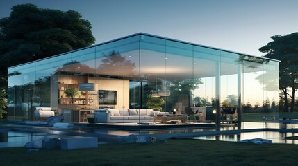 Fototapeta na wymiar Modern glass house with minimalist design, and reflecting on a tranquil water surface.