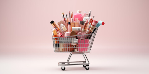 cosmetics with accessories in shopping cart filled with makeup isolated on HD background Online cosmetic Shopping concept  - obrazy, fototapety, plakaty
