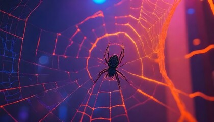 Close-up of a spider web with purple lighting against a dark background - obrazy, fototapety, plakaty