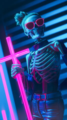 a skeleton holding a cross, retro futuristic illustration, fashion, post futuristic religion poster, generative AI