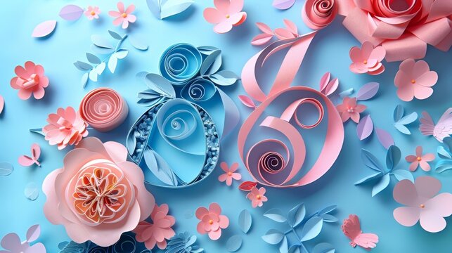 quilling paper art wedding invitation design, featuring intertwined initials of the couple set against a background of their wedding theme colors and decorative motifs.