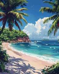 Tropical beach paradise, clear blue water, summer vacation, palm trees wallpaper, nature background 