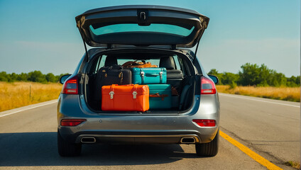 Car with open trunk, suitcases on the road, summer vacation