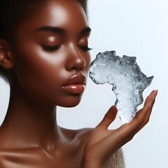 Elegant African beauty lady portrait holding crystal outline of Africa continent with white...