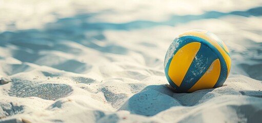 Vibrant colored volleyball sits on beach sand with sun rays peeking through, invoking active sports...