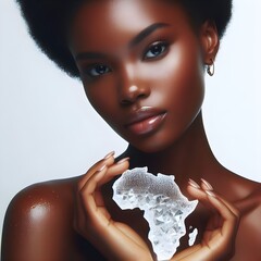 Elegant African beauty lady portrait holding crystal outline of Africa continent with white background, fashion concept